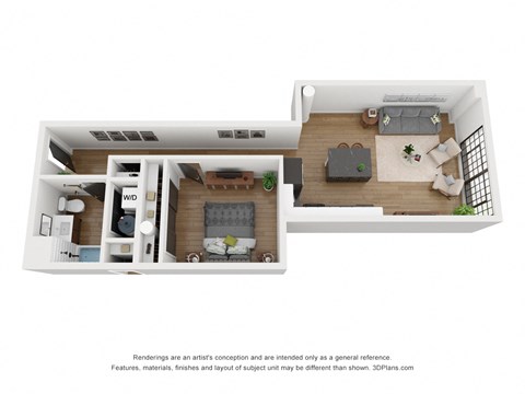 Floor plan for 1 bed, 1 bath, 740 sqft